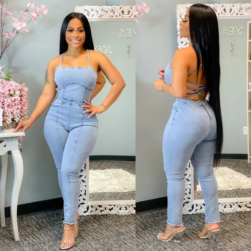 

Sexy Denim Women's Jumpsuit 2023 New Casual Fashion Slim-Fit Suspenders Halter Neck Halter Bandage Design Denim Female Jumpsuit