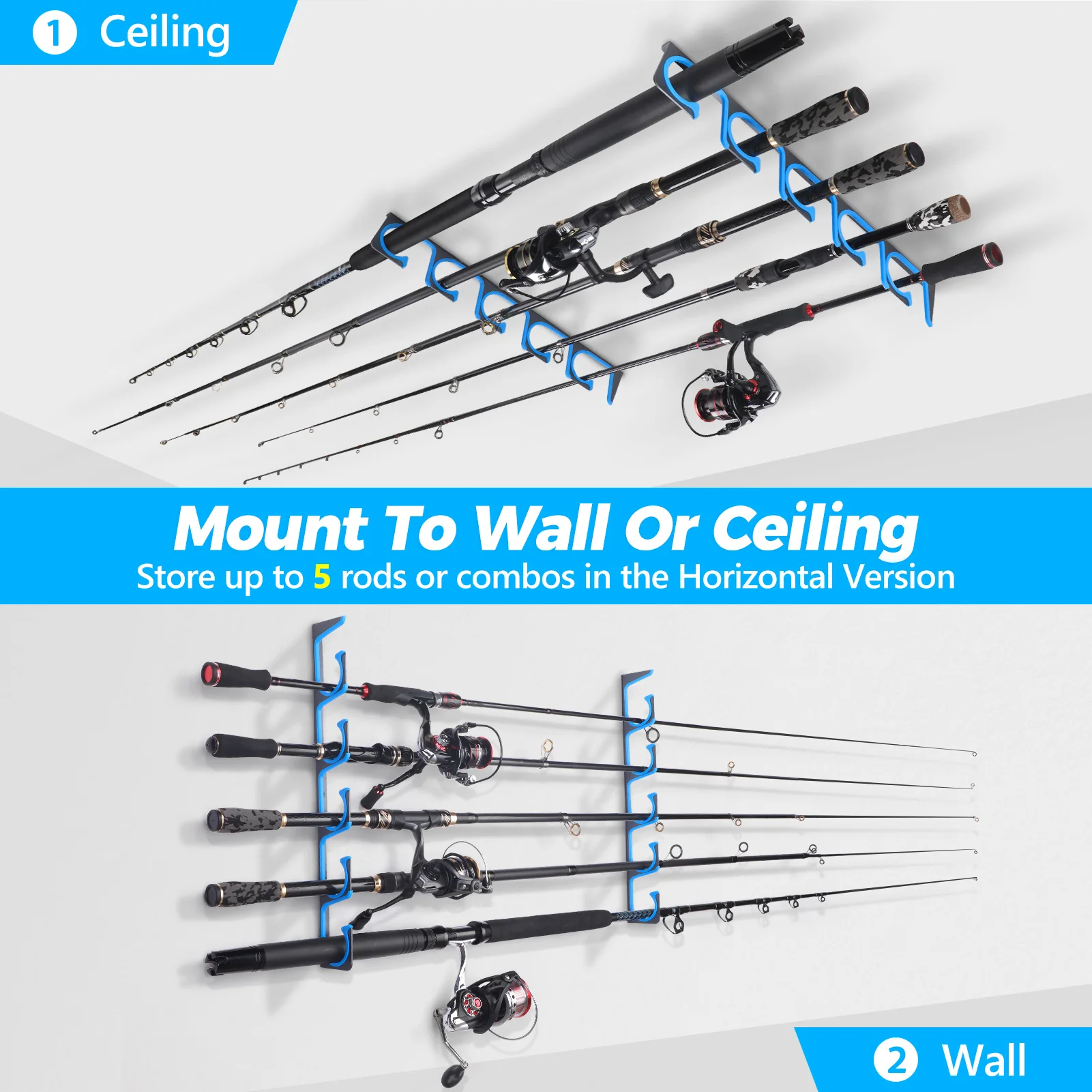 PLUSINNO H5 Fishing Rod Holder Horizontal Wall or Ceiling Mounted Fishing Rod Support Rack for Freshwater and Saltwater Rods fishing rod holder fishing rod bracket fishing rod support fishing rod rest fishing gear accessories