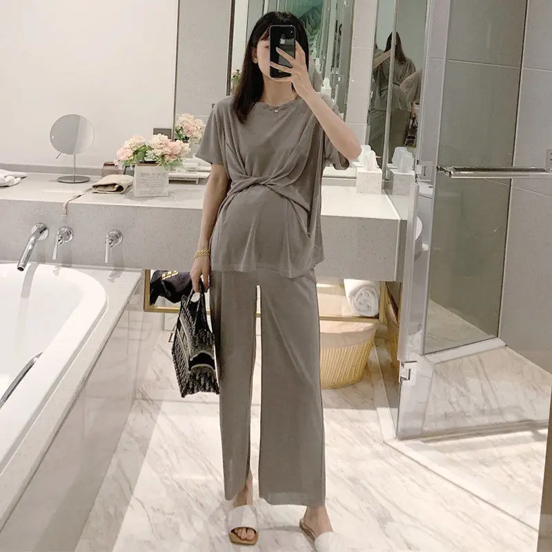 

Pregnant Women's Spring Summer Set Fashion Thin Loose Shirt Pants Western Style Two-piece Maternity ClothesT-shirt Pants
