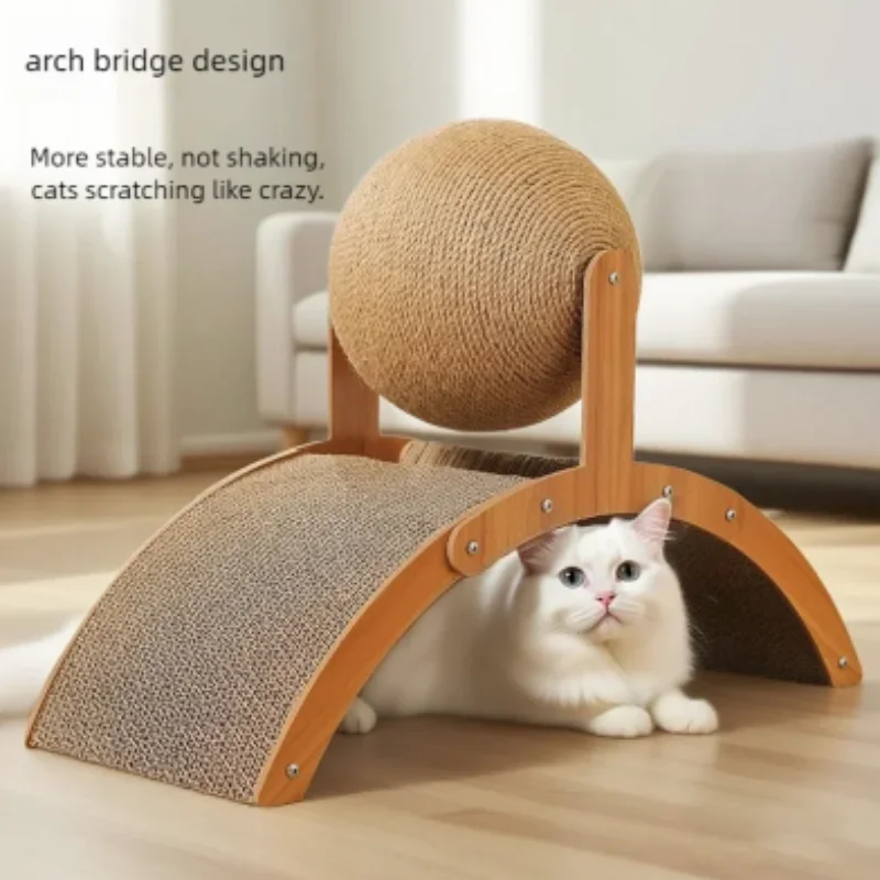 An image demonstrating the dual-use design of the scratcher. A fluffy white cat lies comfortably tucked underneath the wooden arch bridge base, showcasing how the product doubles as a small hideout or nap spot. The text emphasizes the "arch bridge design" for stability.
