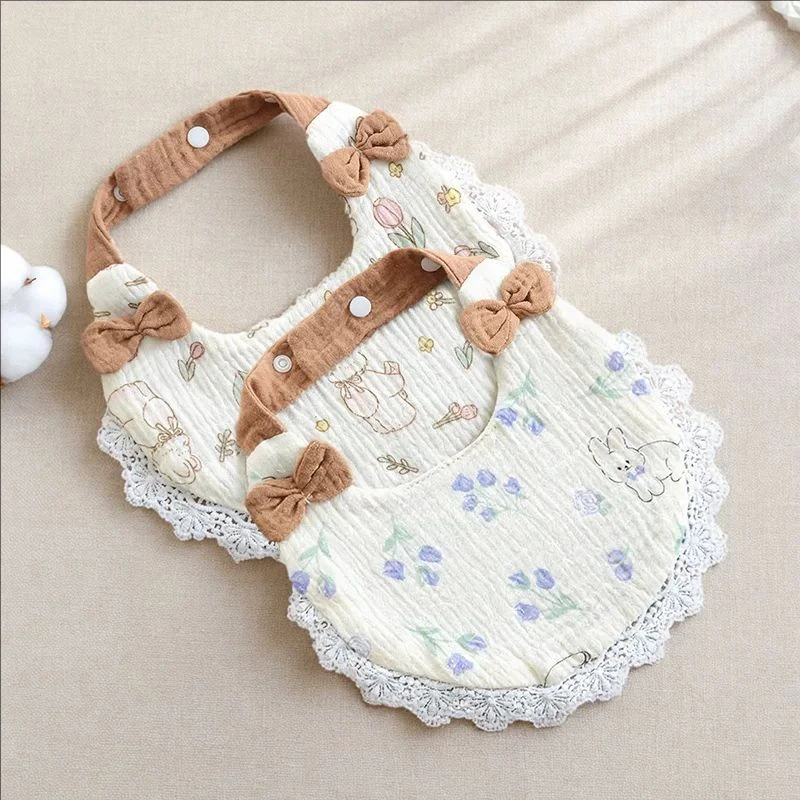  유기농 턱받이 귀여운 리본 레이스 부드러운 면 소재 침 흘림 방지 치아발육기..