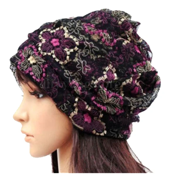 

Women Lady Winter Bandana Beanie Turban Head Wrap Band Lace Hat Warm Cap, Black rose red