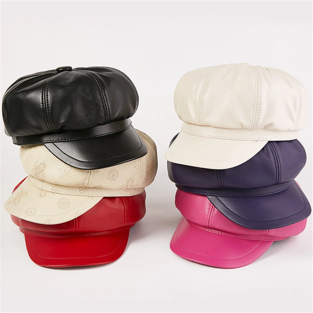 Genuine Leather Hats Women Newsboy Cap Beret Autumn Winter Cotton Newsboy Cap Berets Hat