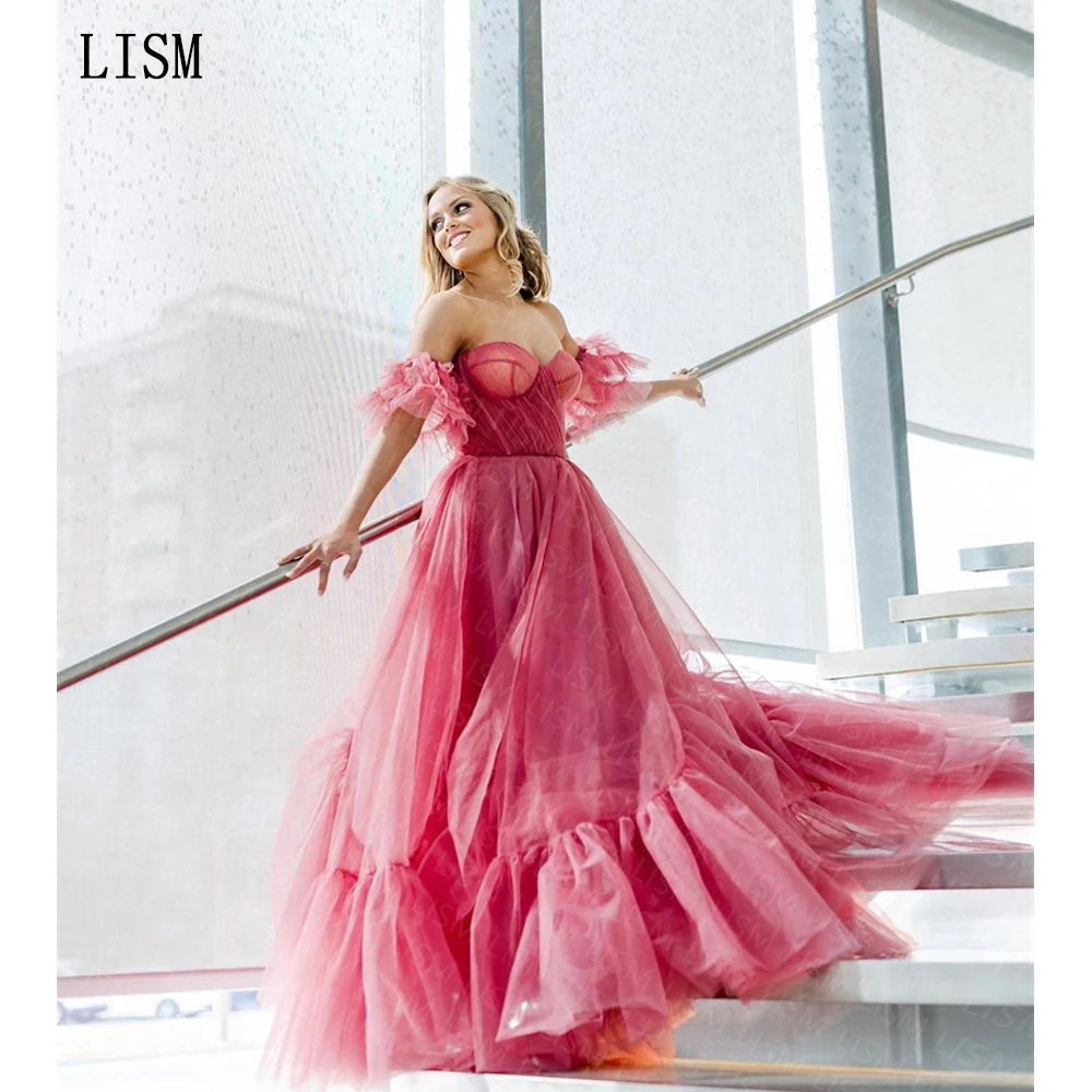 

Женское платье для выпускного LISM, элегантное розовое ТРАПЕЦИЕВИДНОЕ ПЛАТЬЕ до пола с открытыми плечами, плиссированное платье в стиле ампир