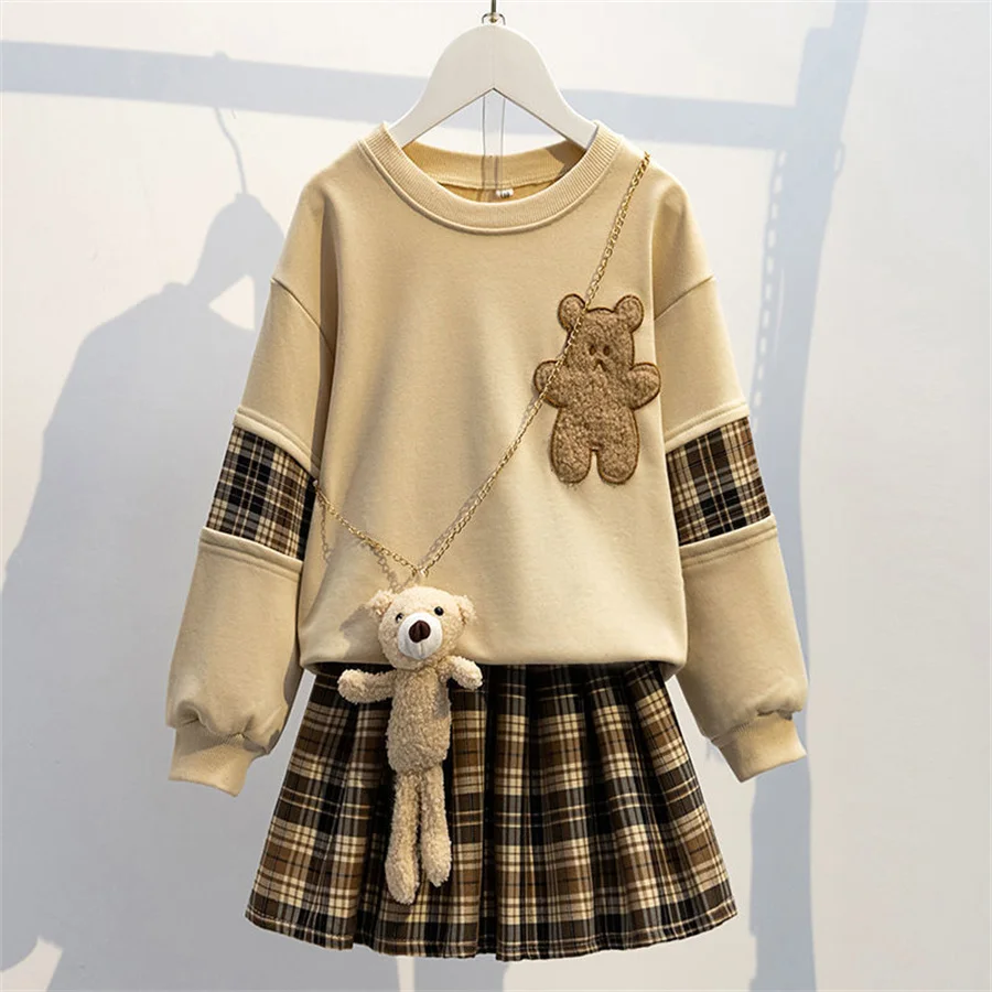 

3-12Y Autumn Lovely Baby Girls Clothes Sets 2pcs Bear Plaid Printed Hooded Long Sleeve Tops+A-Line Skirts