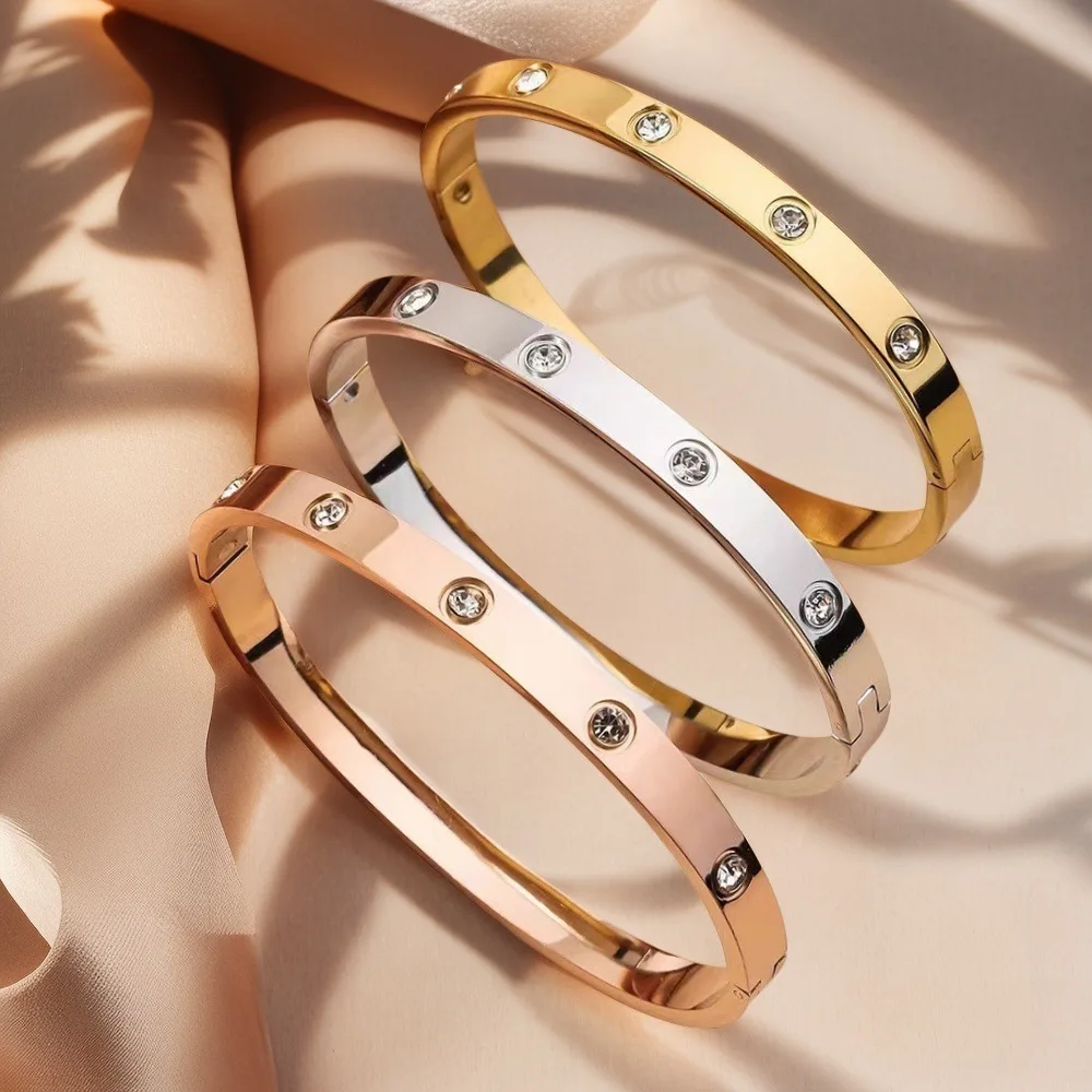 Stainless Steel Bracelet Htpwe Stainless Steel Diamond Ring Stacking Bracelet Women 18k Gold Plated Couple Holiday Gift Fashion Bracelet Party Jewelry