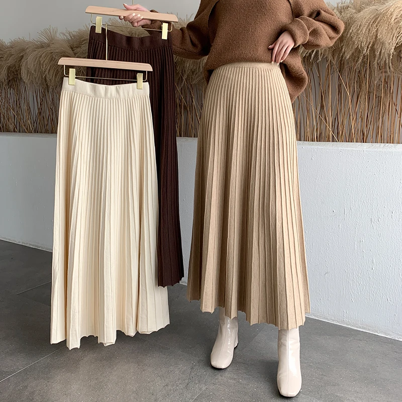 

Thick Knitted Elastic High Waist Winter Korean Fashion Women's Skirt Folds Loose A-Line Elegant Mid-Calf Long Skirts For Women
