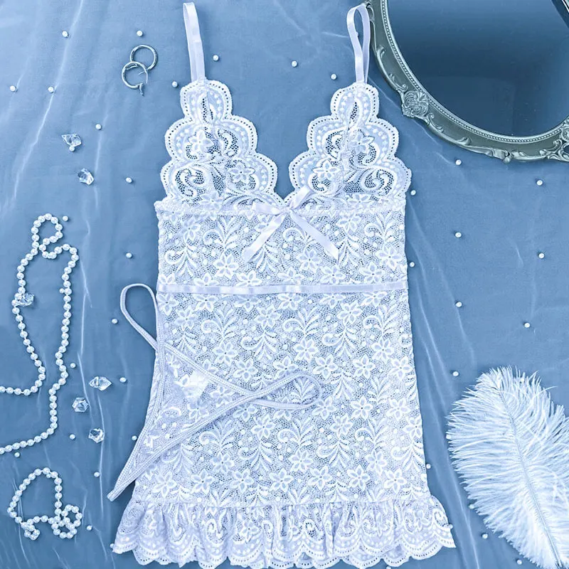 Women Lingerie Lace Splicing Perspective Sexy Crotchless Sleepwear Pajamas Set Night Dress Nightgown G-string
