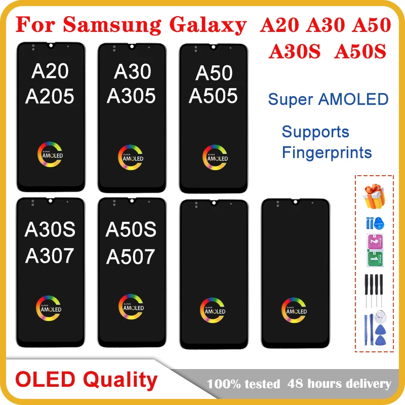 

ЖК-дисплей AMOLED для Samsung Galaxy A20 A205 A30 A305 A30S A307 A50 A505 A50S A507, сенсорный экран с рамкой и дигитайзером