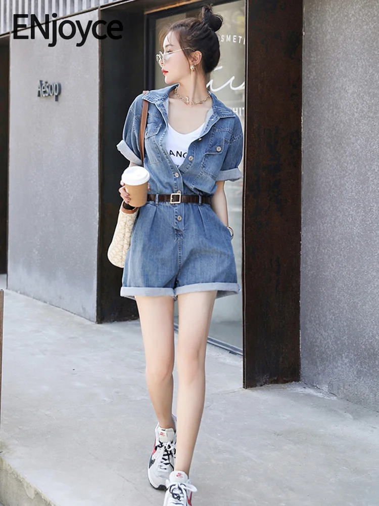 

Женский джинсовый комбинезон ENjoyce, винтажный джинсовый комбинезон в Корейском стиле, комбинезон с шортами, уличная одежда, Y2K, комбинезон женский лето, лето 2024