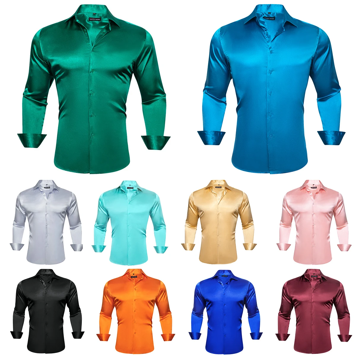 Luxury Solid Shirts for Men Silk Stain Green Blue Red Teal Silver Gold Pink Black Orange Long Sleeve Spring Autumn Mens Tops