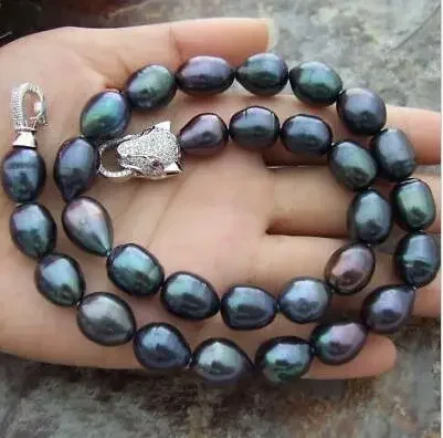 AAA 10-12mm Natural South Sea Baroque Black Pearl Necklace 18 Inch Leopard Clasp