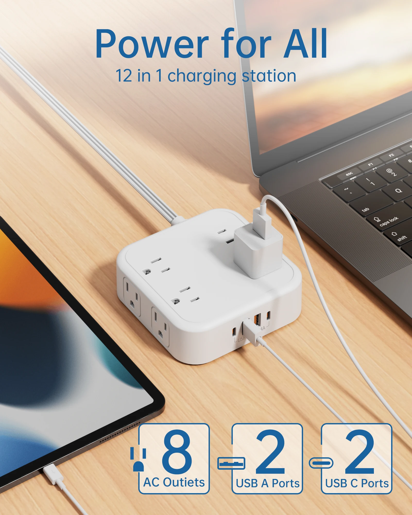 ปลั๊กพ่วงแบบแบนบางเฉียบ 12-in-1, 4AC+2USB-A+2USB-C ชาร์จเร็ว, สถานีชาร์จตั้งโต๊ะกำลังสูง 1250W 1