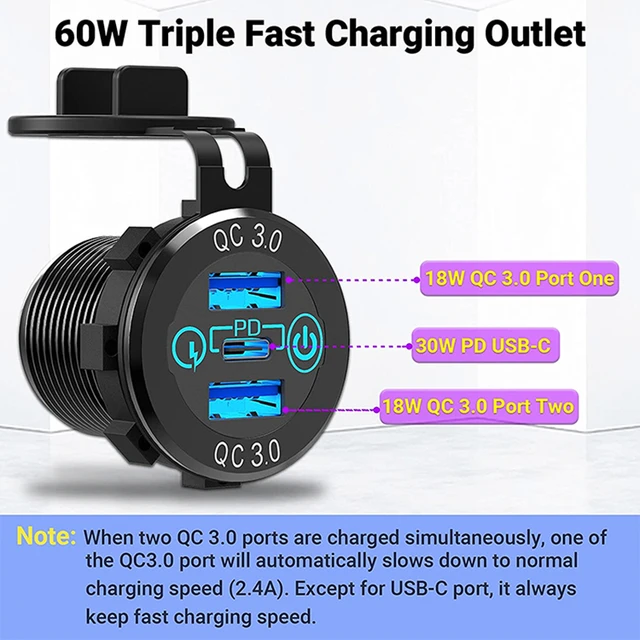 Cargador de coche Dual QC 3,0 + PD de 12V/24V, enchufe de Metal de 60W, USB  C, cargador de coche múltiple con Interruptor táctil, adaptador rápido para  coche, fusible de 60cm –