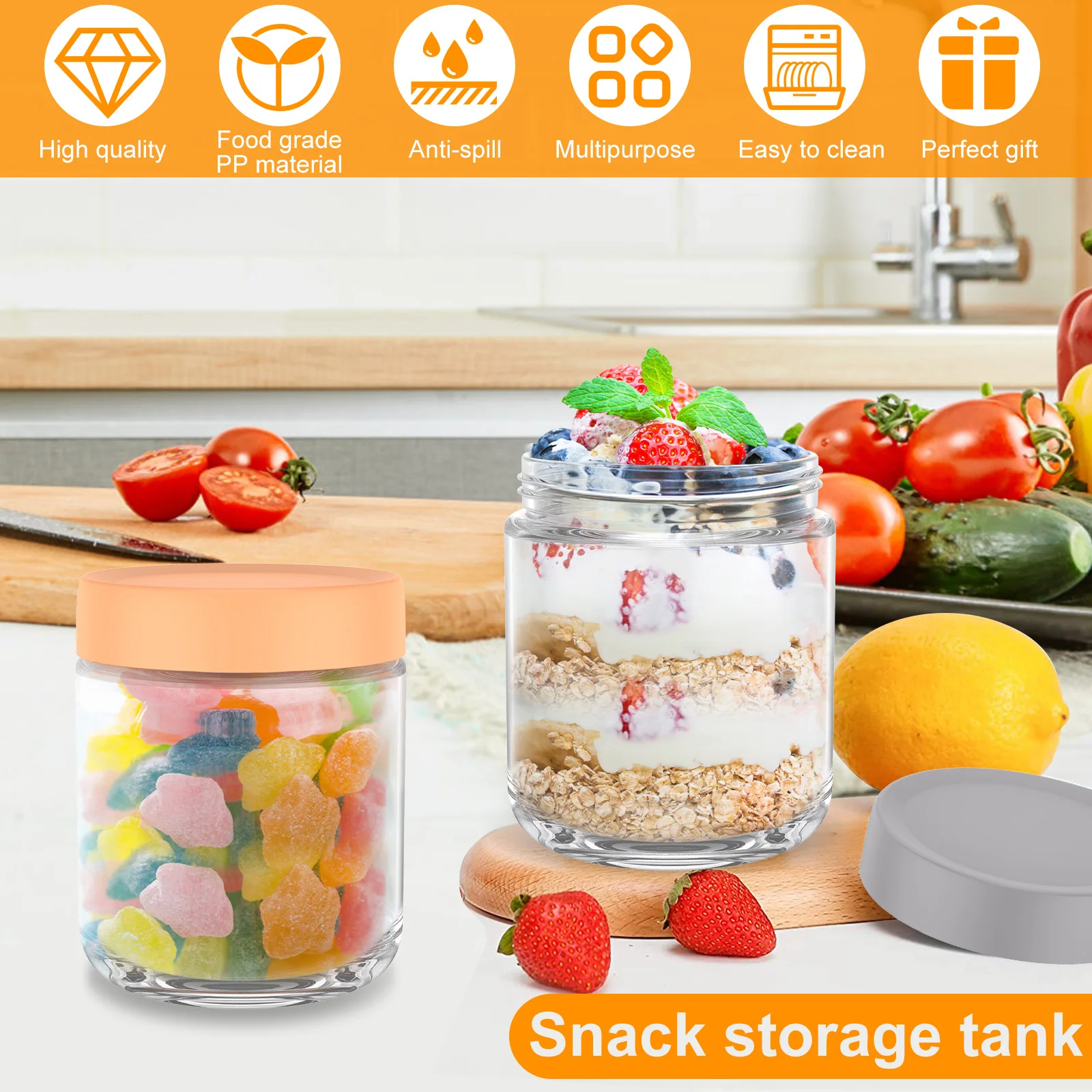 Overnight Oats Jar Clear Glass Storage Jar Sealed Lids Leakproof Fruit Yogurt Storage Containers Food Tank 4Pcs