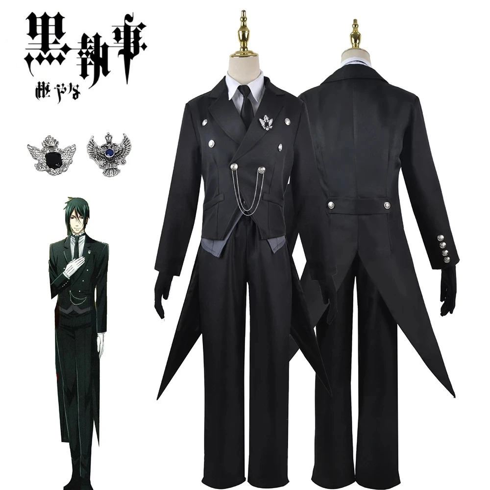 

Black Butler Cosplay Japanese Anime Kuroshitsuji Sebastian Michaelis Cosplay Costume Unisex Uniforms 8 piece with Tattoo Sticker