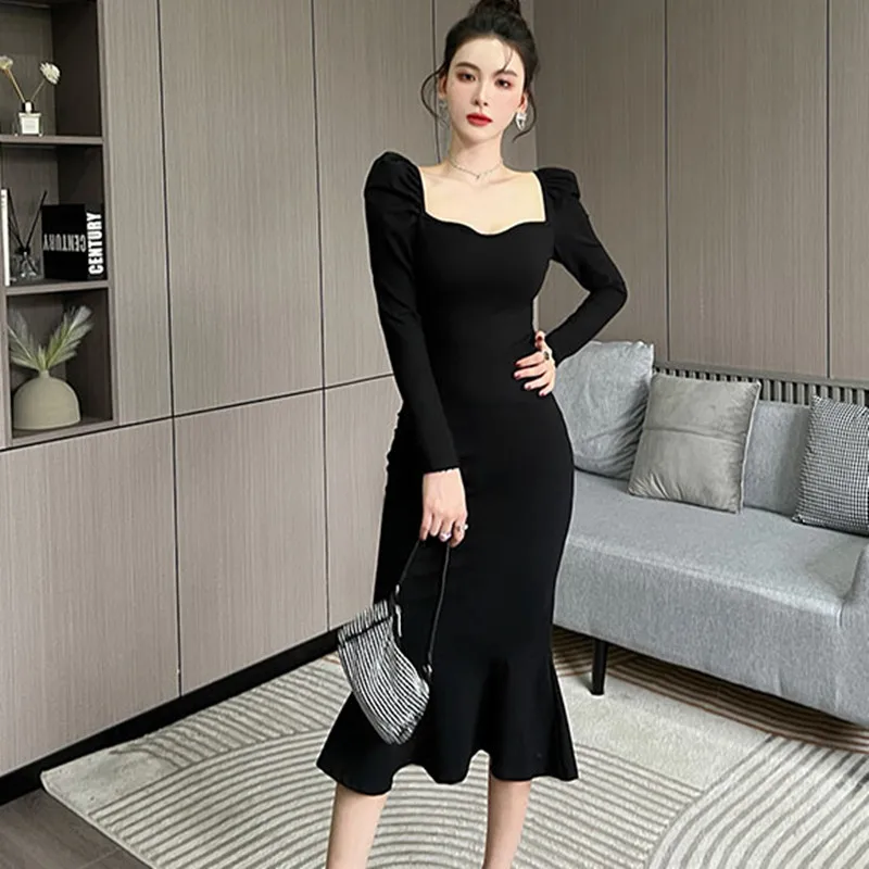 

2023 New Elegant Dresses For Women Autumn Black Sexy French Retro Square Neck Long Sleeve Free Shipping