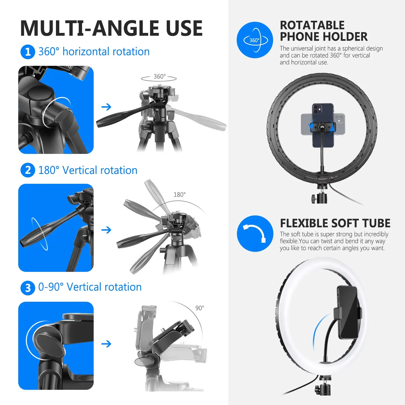 NEEWER RGB LED 링 라이트, USB 밝기 조절, 사진 스튜디오 필 램프, 삼각대 스탠드, 433MHz 리모컨, 10 인치