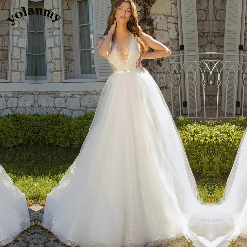 

YOLANMY Smple Fairytale Aline V Neck Wedding Dresses For Mariages Beads Made To Order Vestidos De Novia Brautmode Drop Shipping