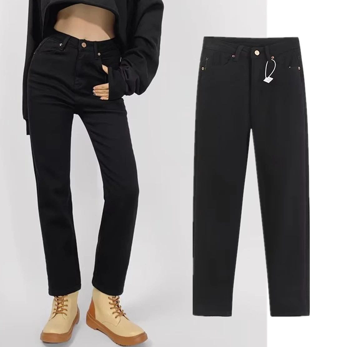 Maxdutti Cloth Fashion Black Denim Pants New Women's For Winter Plush Warm Jeans Women