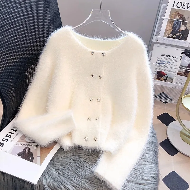 

Mink Cashmere Sweater For Women Korean Fashion Simply White Double breasted Cardigan Cozy Soft Knitted Coats Fall Winter 2023