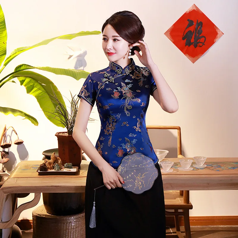 Lake Blue Tang Clothes Lady Slim Qipao Tops Vintage Mandarin Collar Shirt Chinese Style Costume Oversize Blouse Satin Clothing women satin blouse women chinese shirt