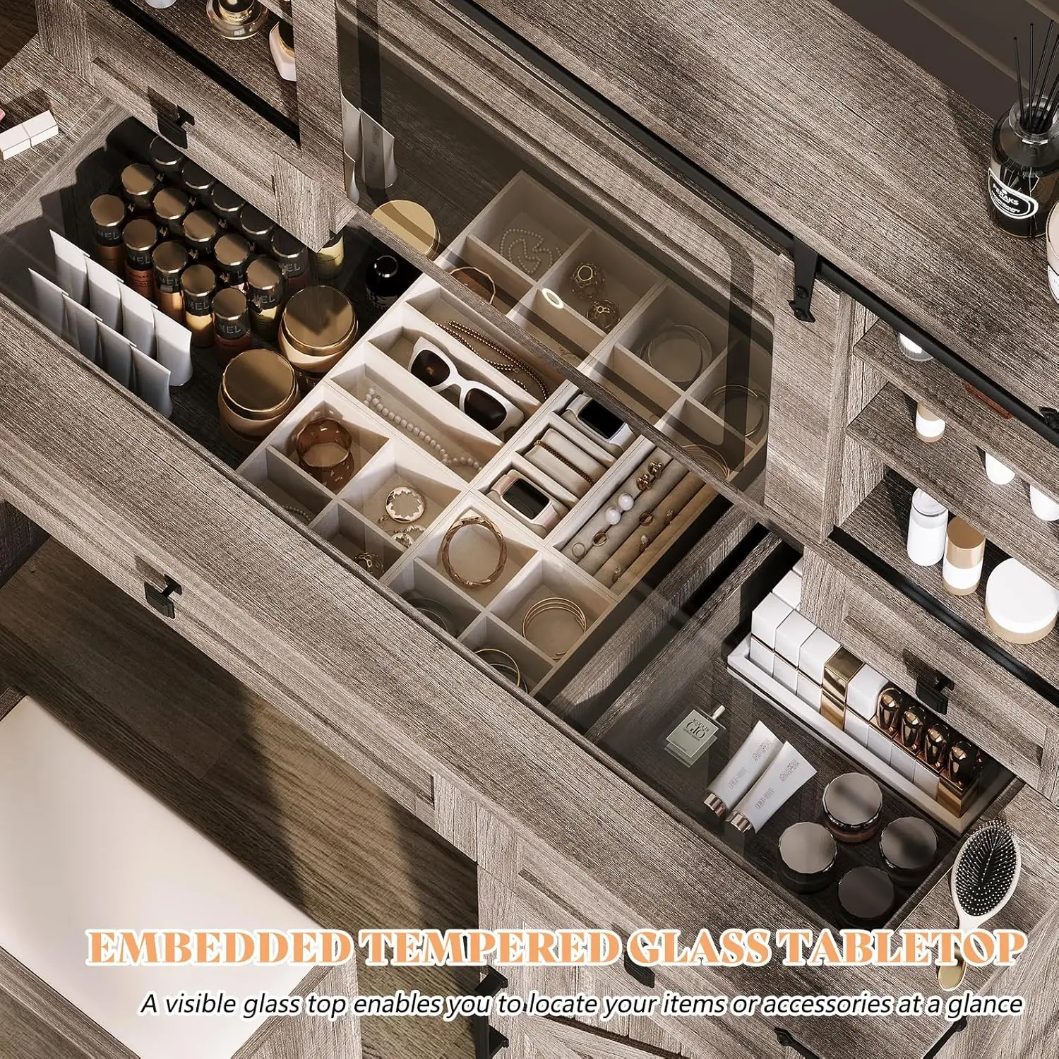 42'' Farmhouse Makeup Vanity Desk with Sliding Mirror and Lights, Glass Tabletop Vanity Table with 2 Drawers & Shelves