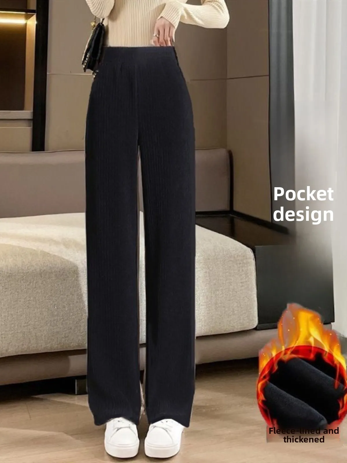 New Women's Corduroy Wide Leg Pants Autumn Winter Warm Outdoor Wear Cotton Fce Lined Sports Loose Straight Casual Sweatpants