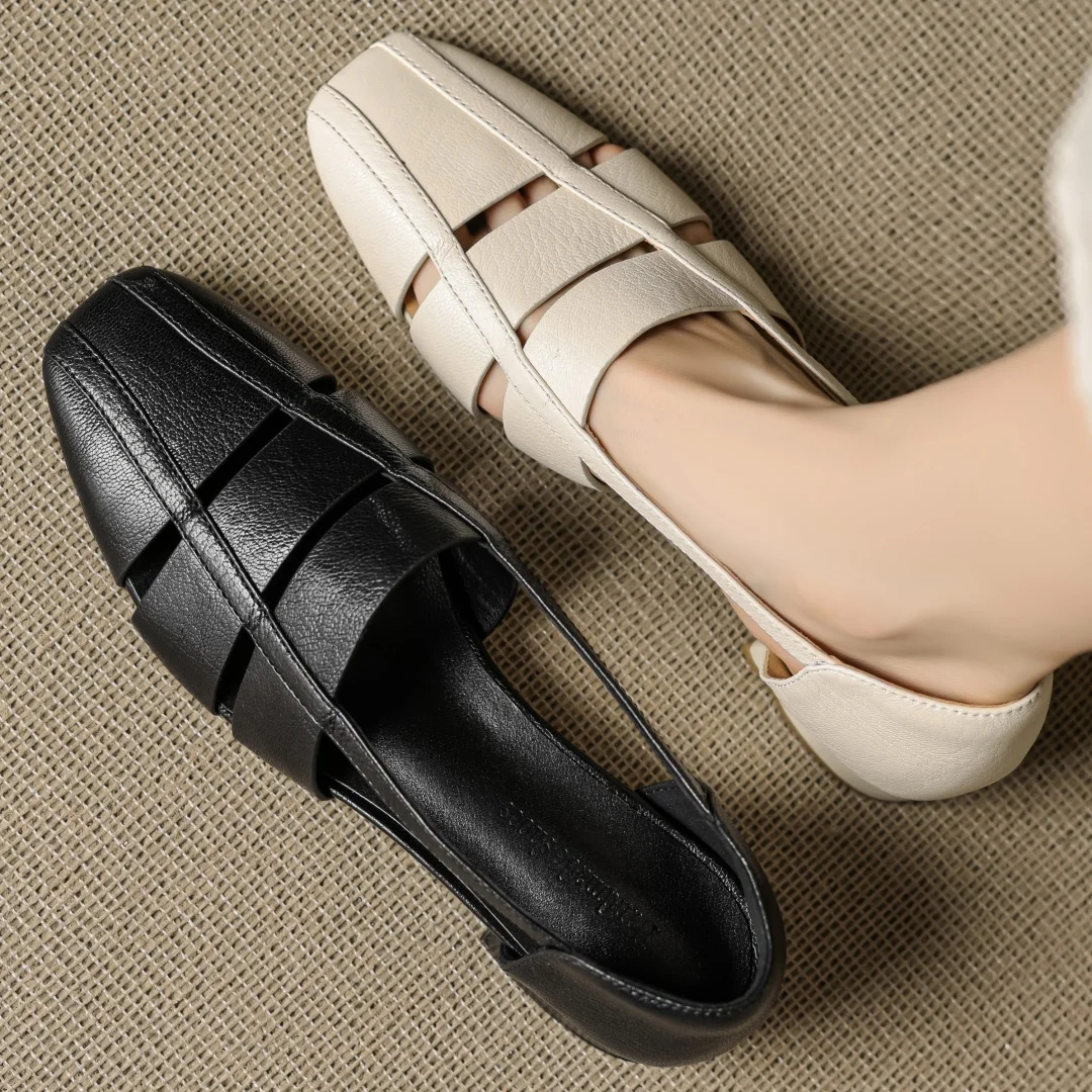 Women's sheepskin narrow band patchwork hollow-out square toe slip-on flats high quality soft comfortable casual summer shoes