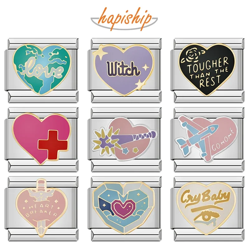 Hapiship New Women's Fashion Romantic Heart Italian Charms Links Beads Fit 9mm Stainless Steel Bracelet DIYJewelry Gift DJ1348-A