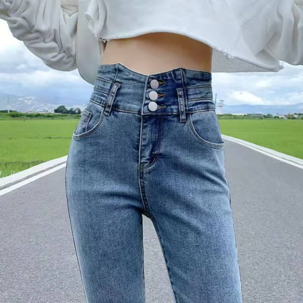 Super Elastic High Waist Pencil Jeans Streetwear Women Skinny Denim Trousers Double Button Retro Stretch Jeans women pants