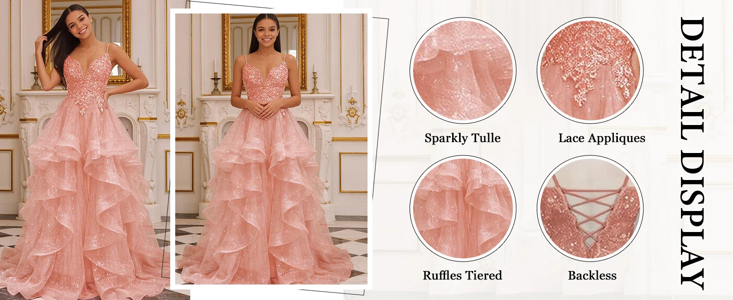 Glitter Tulle Prom Dress Sparkly Spaghetti Straps Ruffles Formal Evening Gowns