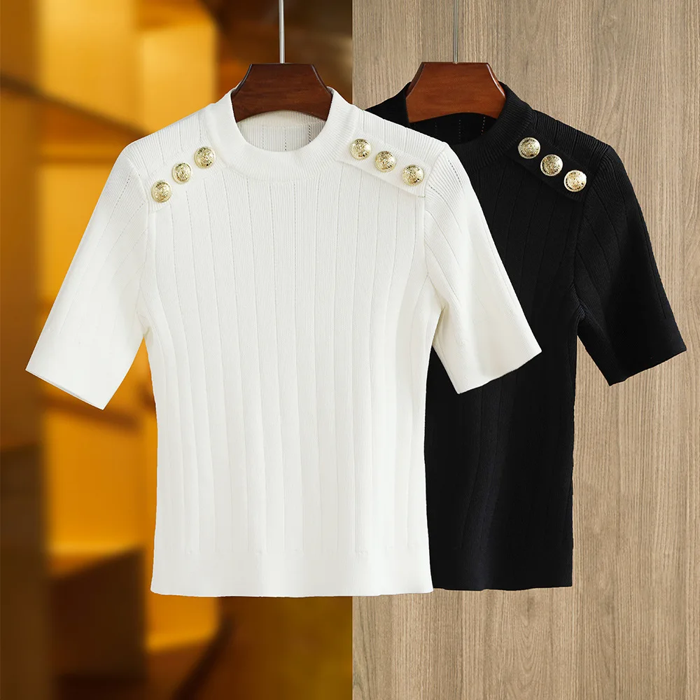 

Summer New Round Neck Short Sleeve Metal Button Slim Fit Network Red Anchor Elastic Knit Top Ice Silk Knit Shirt Short Slim Fit