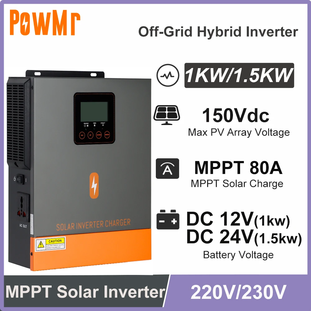 PowMr Inverter Ibrido 1KW 1.5KW da 12V 24V DC a 230V AC con Regolatore di Carica Solare MPPT 80A, Inverter Off-Grid a Onda Pura per Uso Domestico