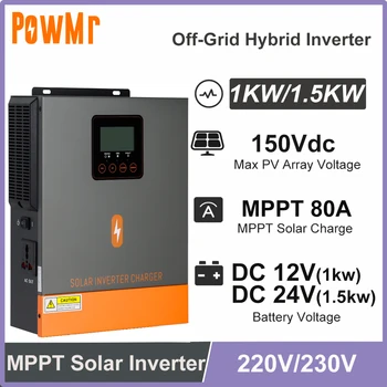 PowMr Inverter Ibrido 1KW 1.5KW da 12V 24V DC a 230V AC con Regolatore di Carica Solare MPPT 80A, Inverter Off-Grid a Onda Pura per Uso Domestico