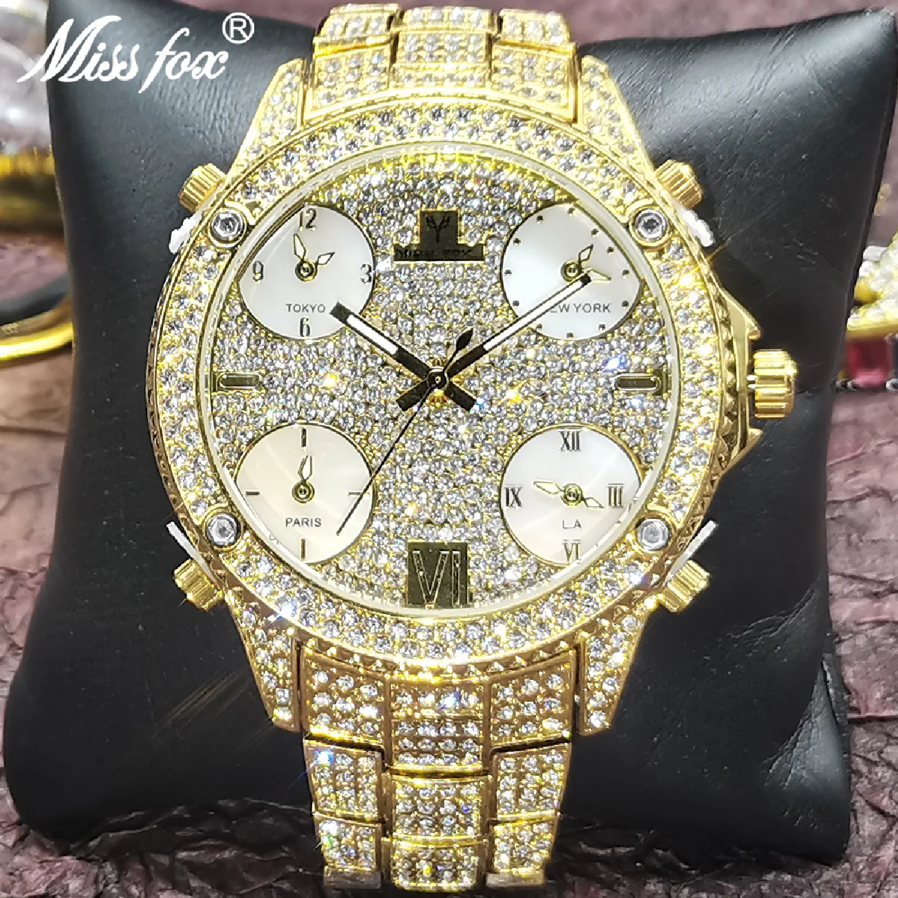 

MISSFOX 51mm Big Dial Men Watches Cuban Luxury 18K Gold Multiple Time Zone Watch Luxury Waterproof Full Diamond Jewelry Clocks