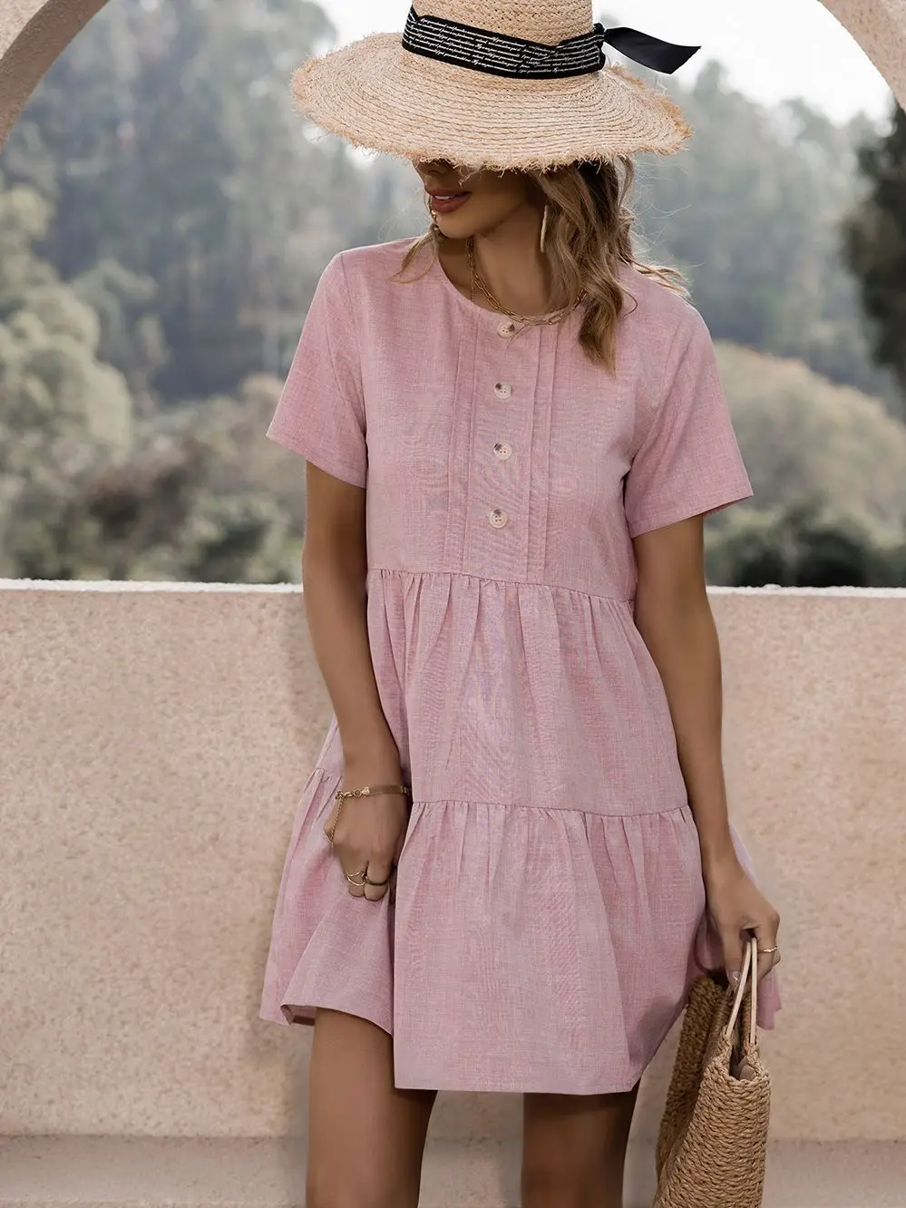Summer Solid A-line Ruffles Mini Dress Women Casual Round Neck Button Vintage 2022 New Female Holiday Party vestidos |
