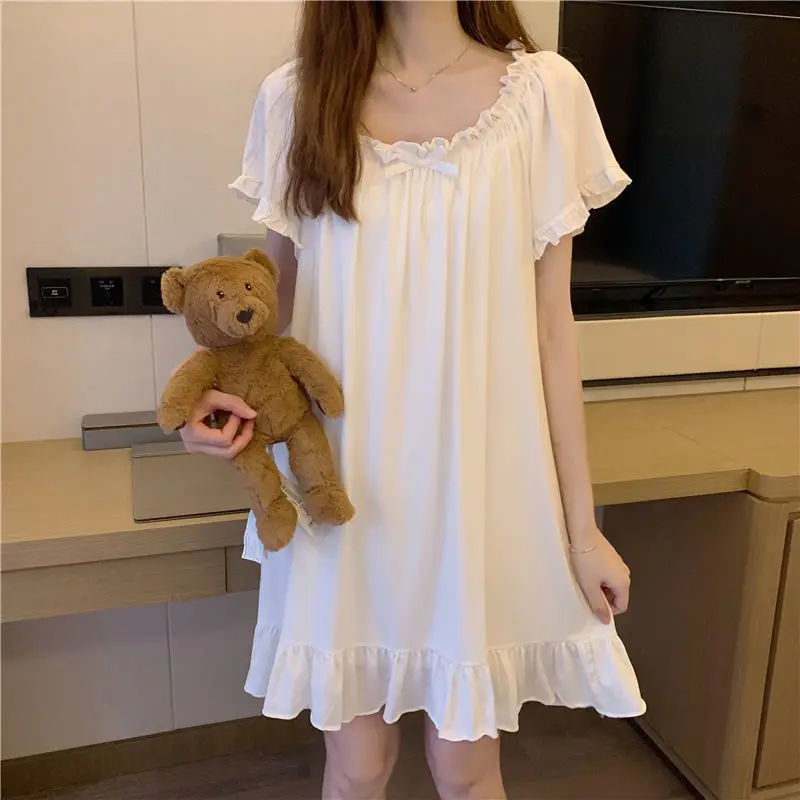 

Korean Sleepwear Womens Casual Nightgown Ruffles Short Sleeve Night Dress One Piece Pajama Summer Bow Mini Home Wear 2024 New