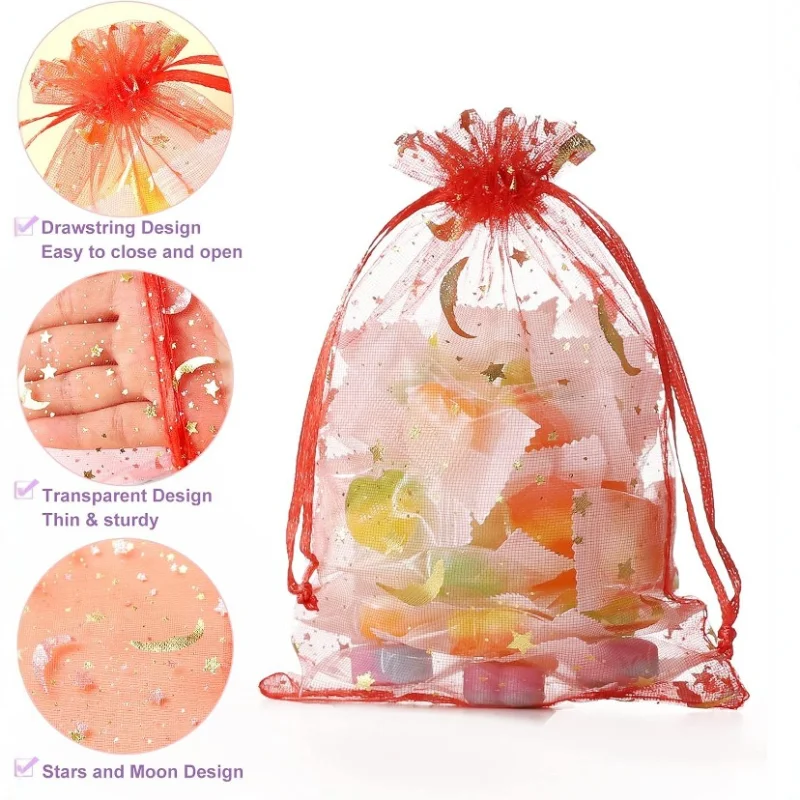 20pcs/Lot Printing Star Moon Christmas Organza Sack Drawstring Charm Packaging Bags for Christmas Wedding 3 sizes