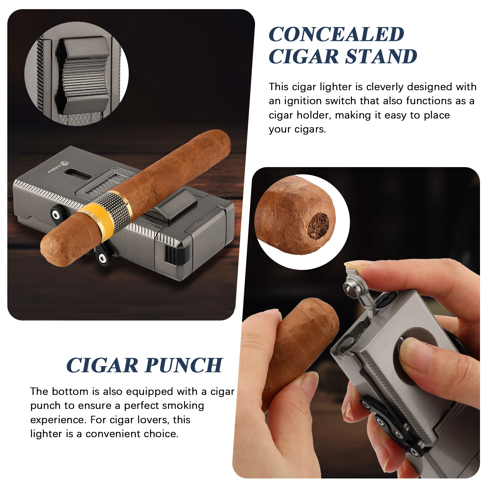 Cigar Lighter, Multifunctional Torch Butane Lighter Built-in Cigar Holder Draw Enhancer Punch Gift for Men