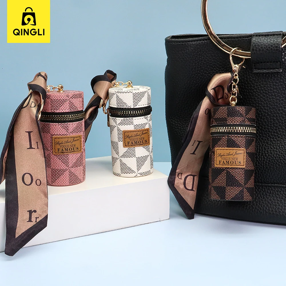 Trend Cylindrical Lipstick Coin Purse Women Portable Key chain Bag Pendant Fashion Checked Pattern Earphone Key Bag Mini Wallet