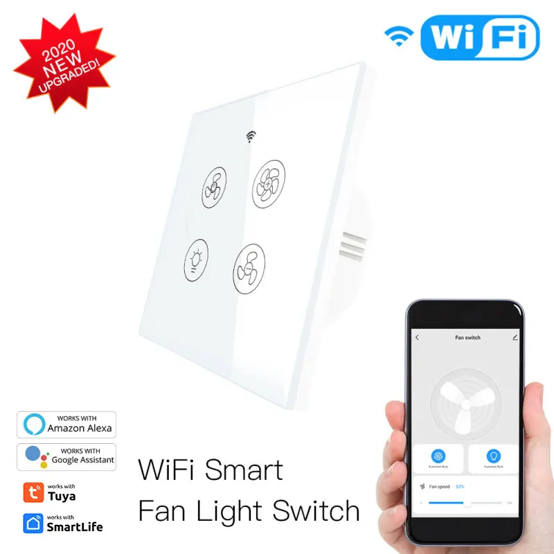 

Tuya WiFi+RF433 Smart Ceiling Fan Light Switch 2/3 Way Control Smart Life APP Speed Regulation Works With Alexa Home