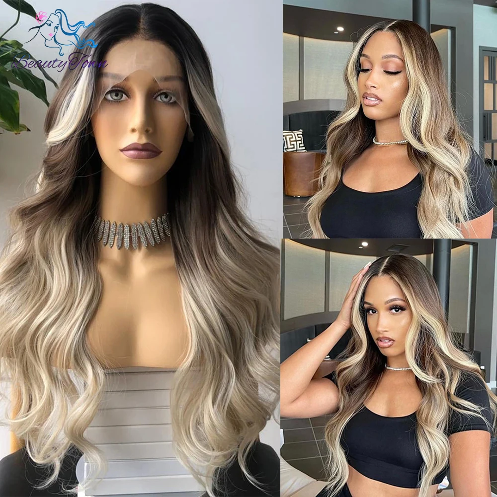 Grey Blonde 13x3 Synthetic Lace Front Wig Ombre Brown Blonde Body Wave Wigs for Women Heat Resistant Cosplay Daily Use Wig 180%