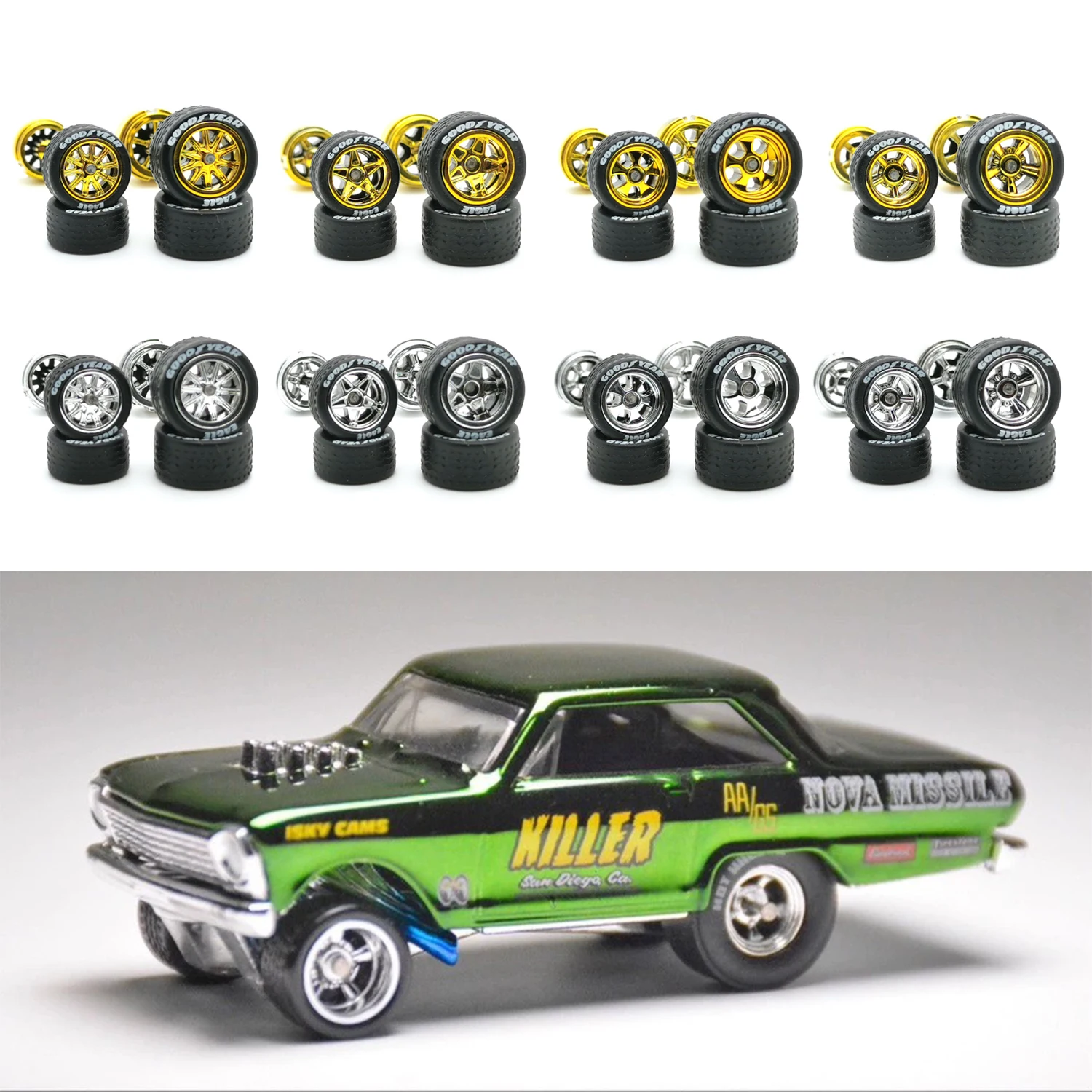 

1/64 Wheels for Model Cars with Rubber Tires for MINIGT Toy Car Diecast Modified Kit Miniature Parts 1set