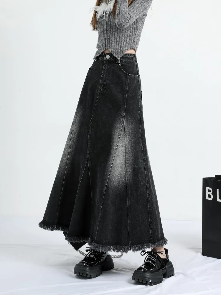 GUUZYUVIZ Irregular Long A-line Denim Skirt For Women High