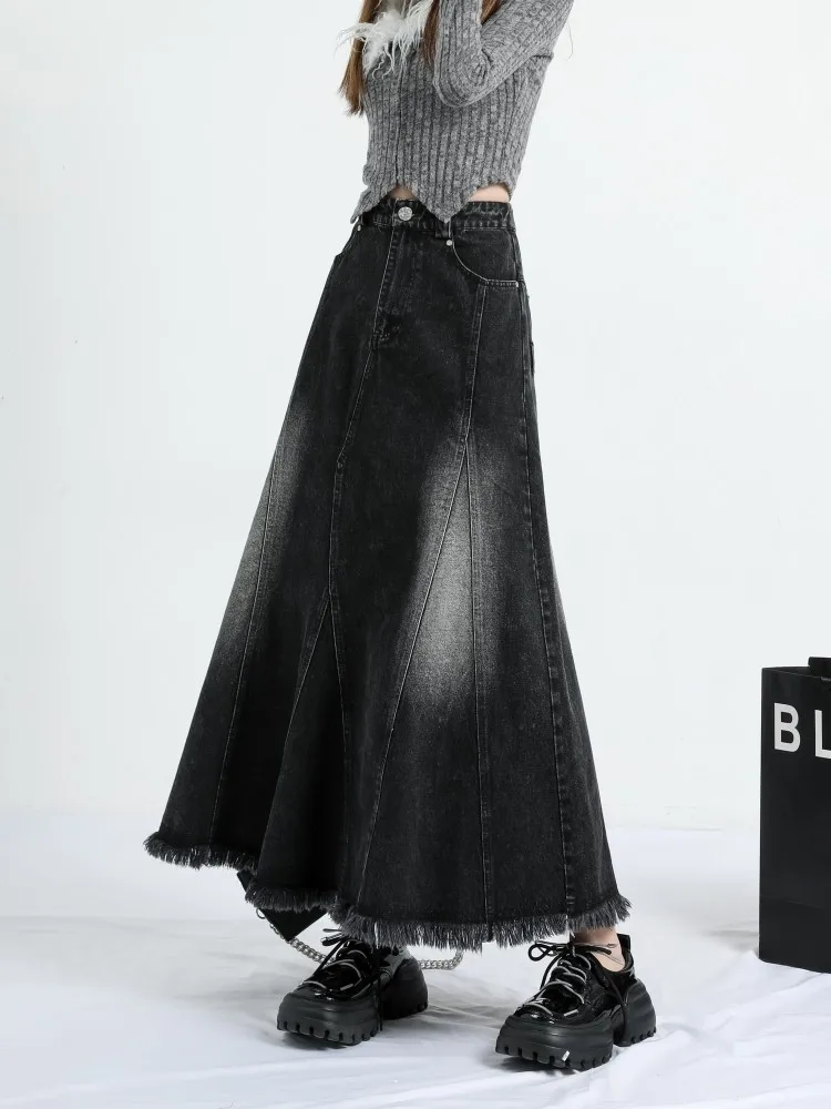 GUUZYUVIZ Irregular Long A-line Denim Skirt For Women High Waist Balck Jean  Skirts For Ladies