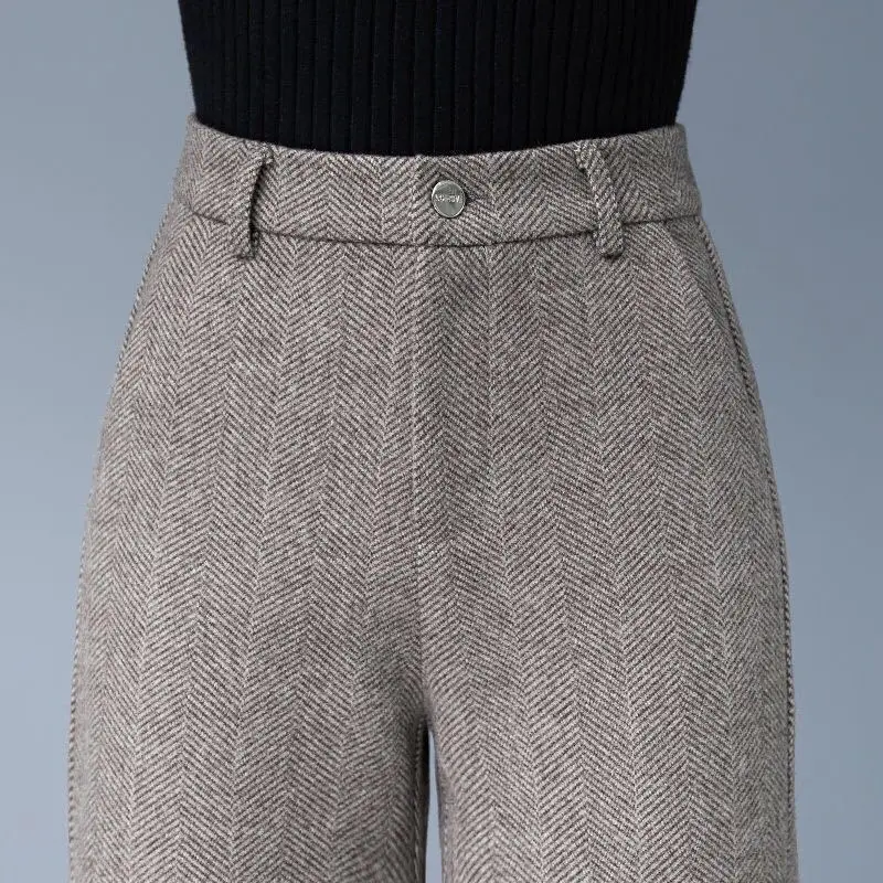 Women Woolden Wide Leg Pants Korean Fashion Plus Velvet High Waist Pantalones All-Match Lady Office Large Size Suit Trousers