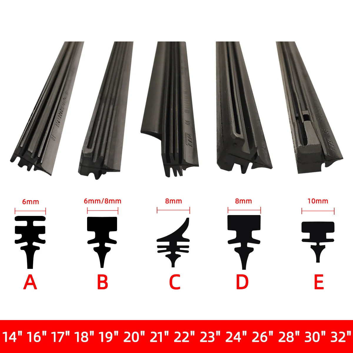Car Wiper Blades Refills Natural Rubber Strips Wiper Blade Replacement Parts All Types for Auto Windshield All Seasons 32" 26"