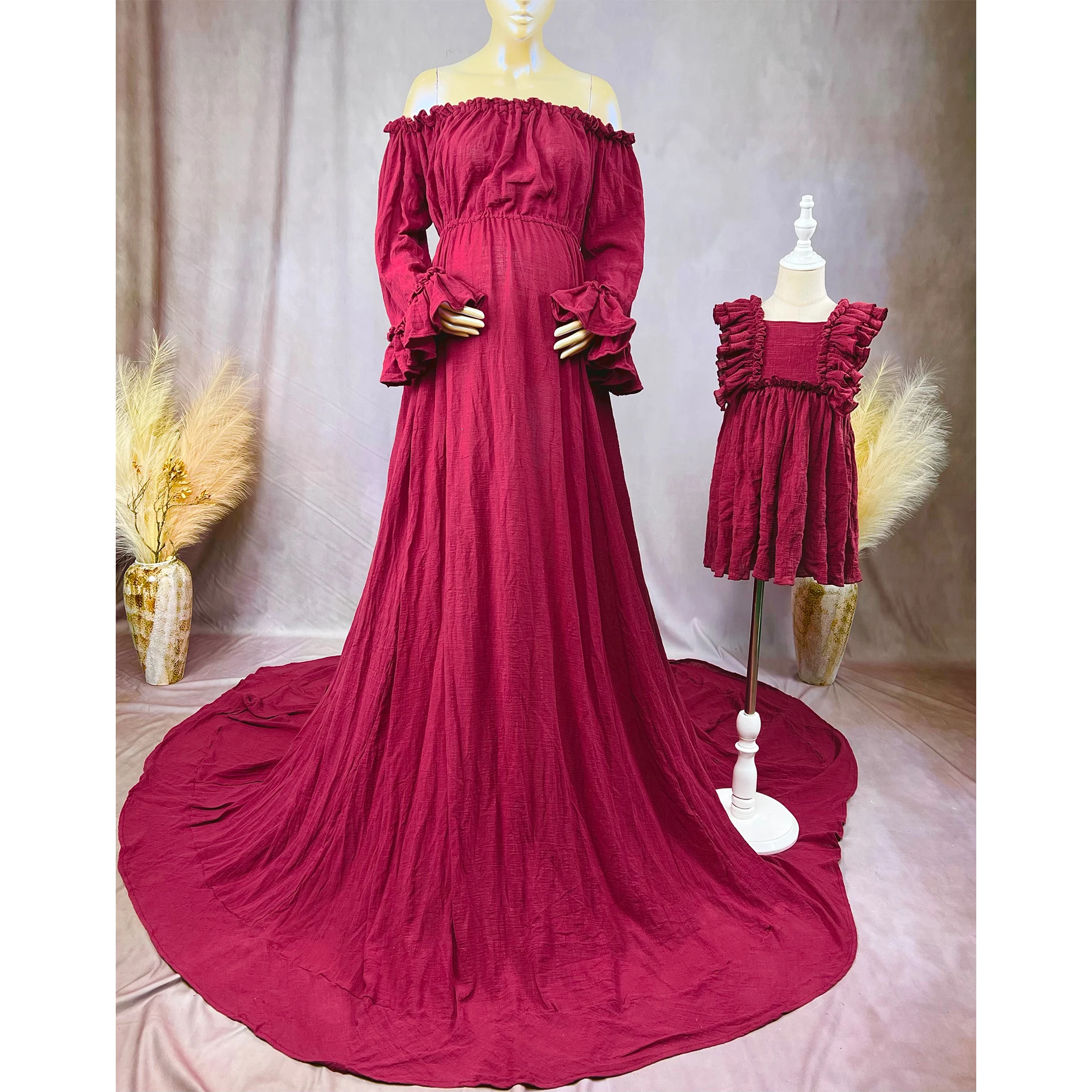 Don&Judy Boho Dress Set Mommy&Me Baby Girl Princess Maternity Dresses Mother and Daughter Photography Gowns Photo Shoot Clothing