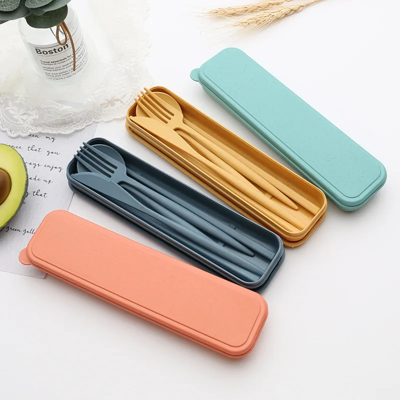 

4PCS/Set Cutlery Wheat Straw Spoon Fork Chopsticks With Box Students Tableware Travel Portable Dinnerware Kitchen Accessories